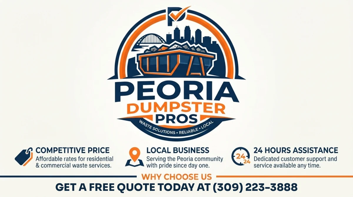 Why choose Peoria Dumpster Pros: locally owned over 10 years, flat prices quoted up front, someone answers 24 hours, same-day delivery across the Tri-County area